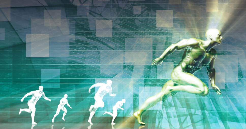 Silhuetas em corrida ilustram o estudo da biomecânica esportiva em ambiente digital.