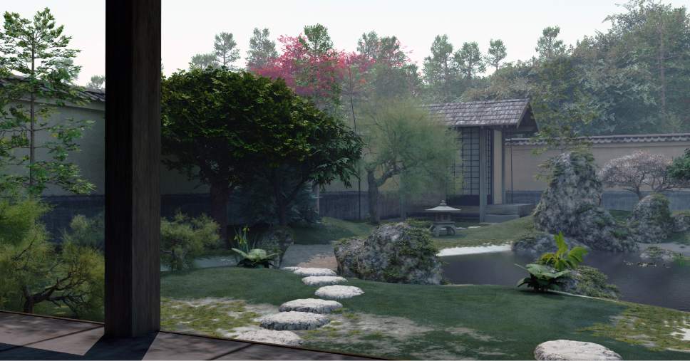 Jardim japonês com pedras e lanterna exemplifica o design de jardins online.